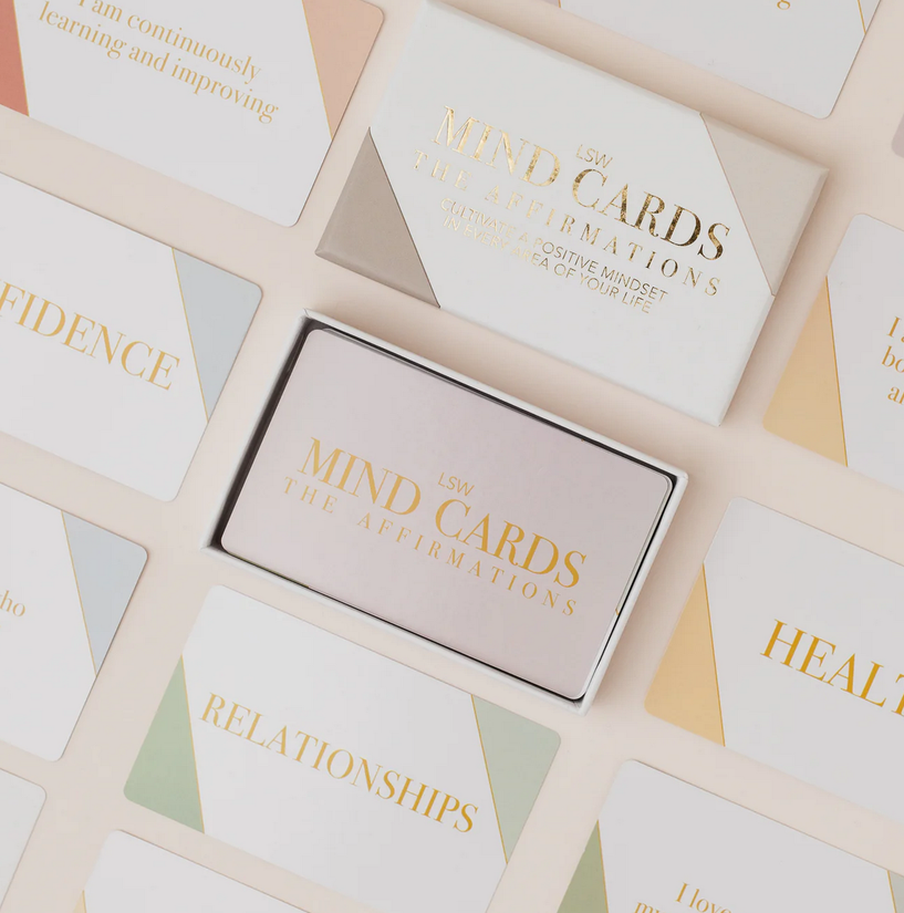 Thumbnail: LSW London Mind Cards The Affirmations box with positive affirmation cards in soft neutral colours and gold lettering.