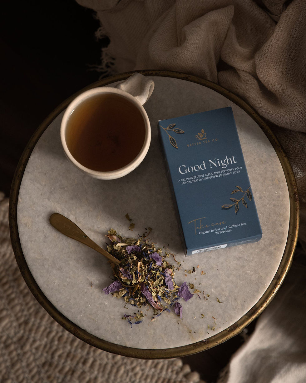 Thumbnail: blue box of goodnight loose leaf tea next to a cup of tea