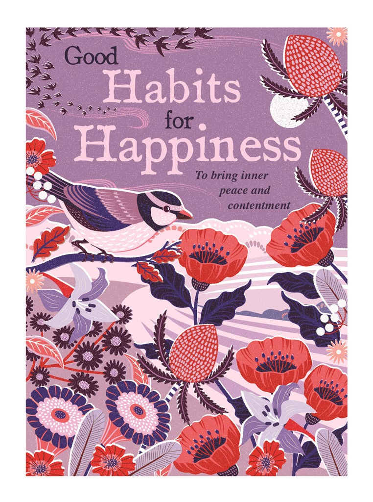 Good Habits for Happiness book cover with a purple background and bold red, coral, navy and pink floral illustrations.