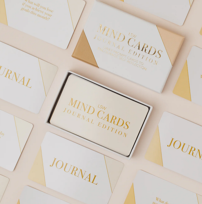 LSW London Mind Cards Journal Edition box and self-reflection prompt cards in white, cream and gold.