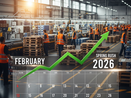 A busy manufacturing production line with workers in safety vests, featuring a translucent February 2026 calendar overlay and a bright green trend line arrow shooting upward to symbolize workforce growth.