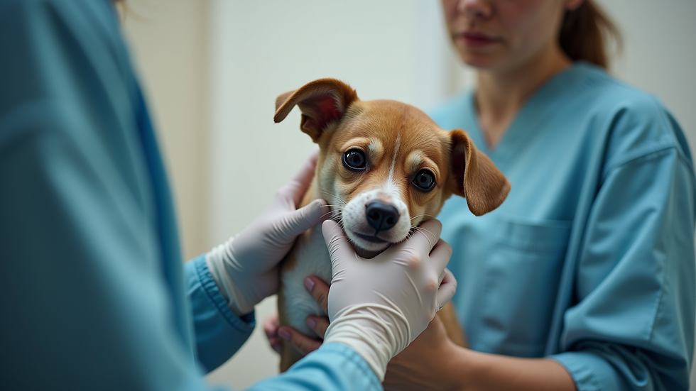 close-up view of a veterinarian gently examining a small dog