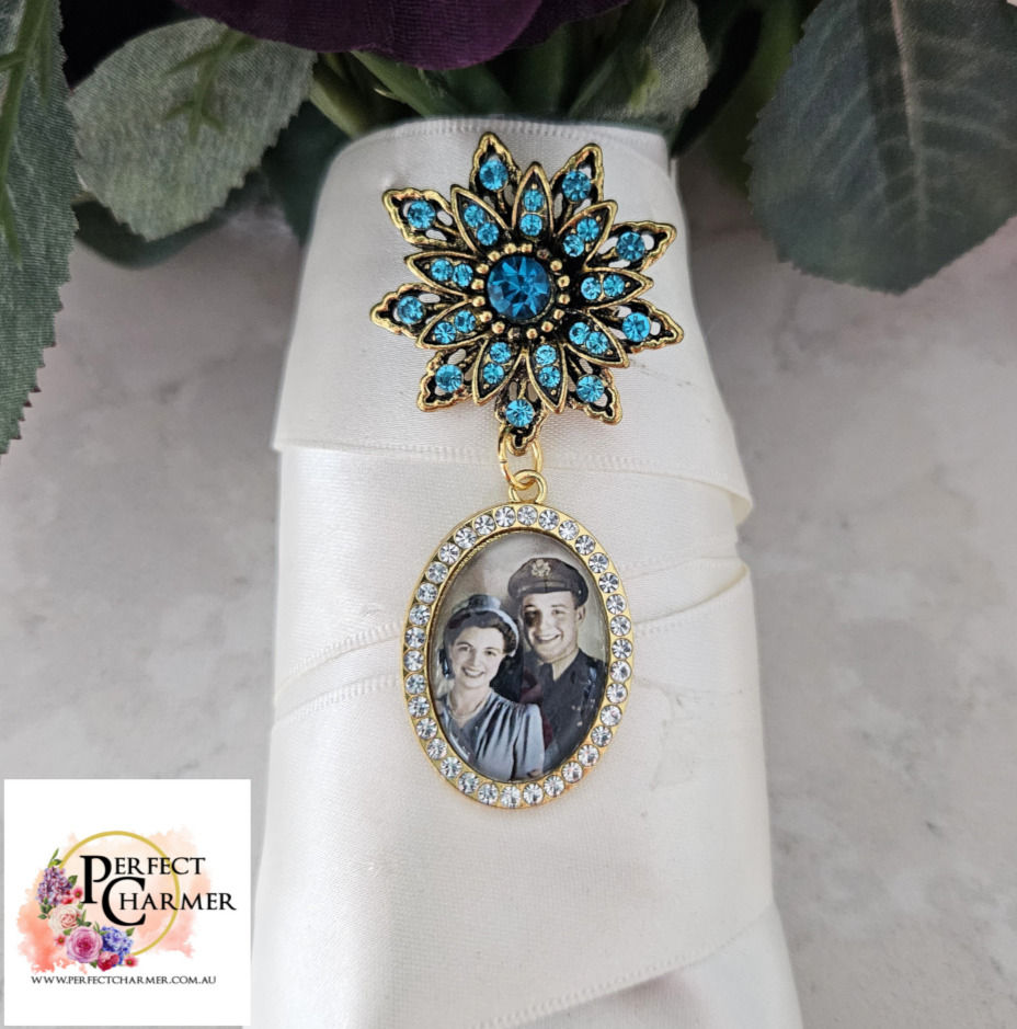 Teal Flower Brooch with Gold & Rhinestone Oval - Small