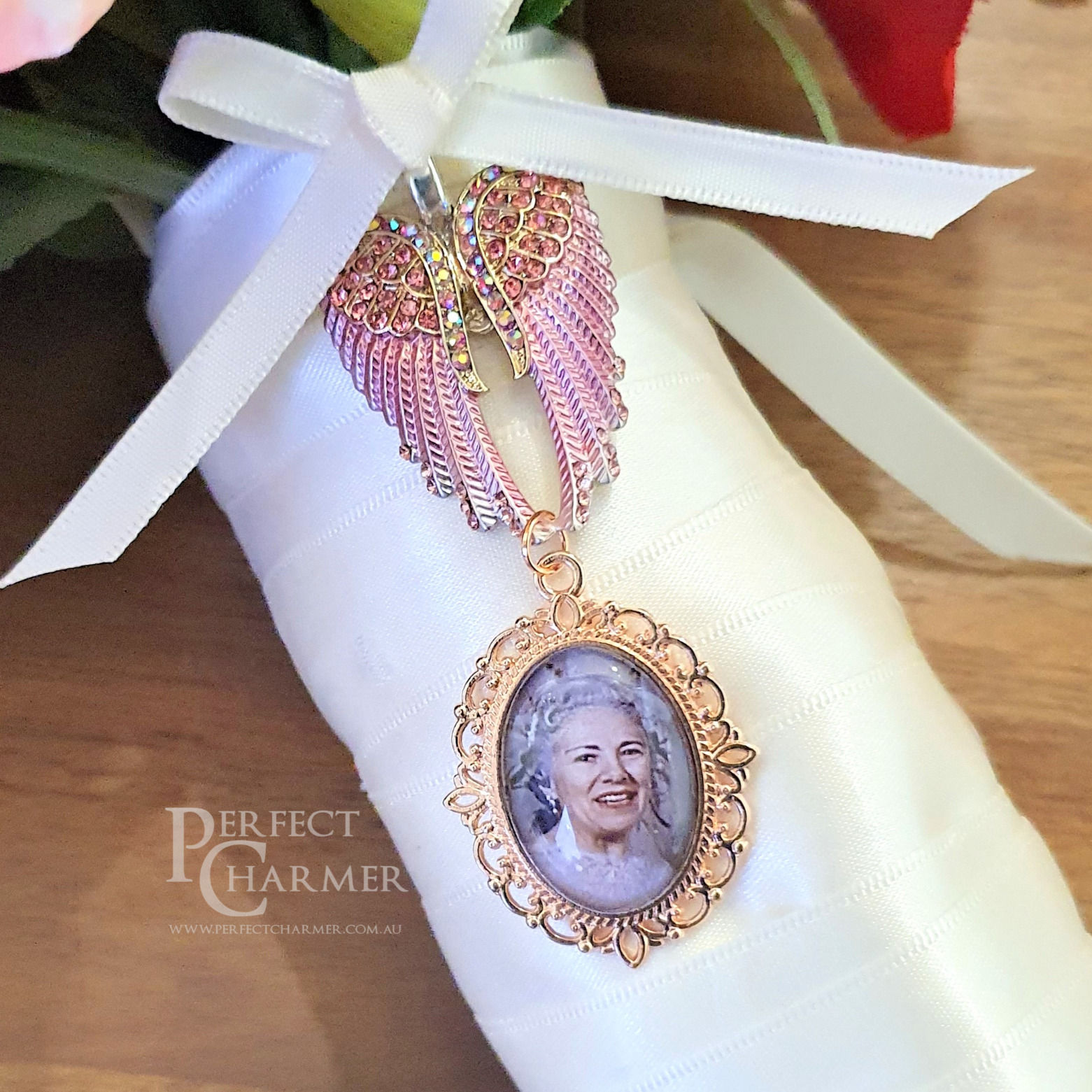 Pink & Gold Angel Wings Charm with Rose Gold Filigree Small Oval