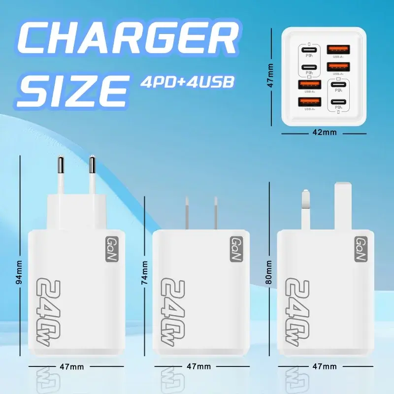 Miniaturbild: 240W GaN USB C Charger Phone Charger Power Adapter 8 in 1 Fast Charging