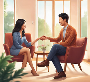hyper-realistic illustration of a happy young, stylish and beautiful asian couple looking