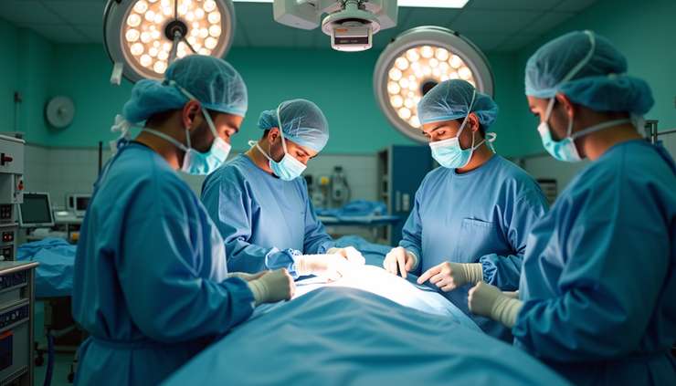 Eye-level view of an obstetric emergency room with a team preparing for resuscitative cesarean delivery
