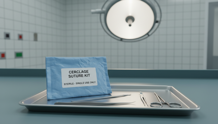 Eye-level view of a labelled sterile cerclage suture pack on a clinical instrument tray.