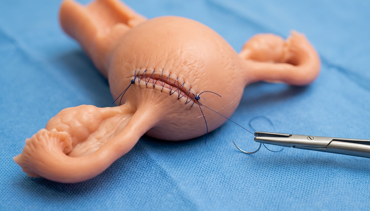 Close-up view of a uterine model with layered sutures at the cornual region
