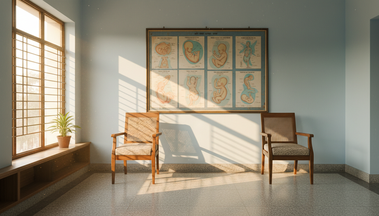 Eye-level view of a quiet antenatal counselling room with illustrated birth education charts on the wall.
