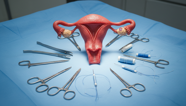 Wide-angle view of an anatomical uterus model placed beside surgical clamps on a sterile tray