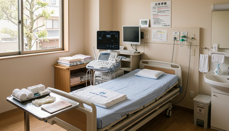 Eye-level view of a quiet birth preparation room with an ultrasound machine and delivery bed