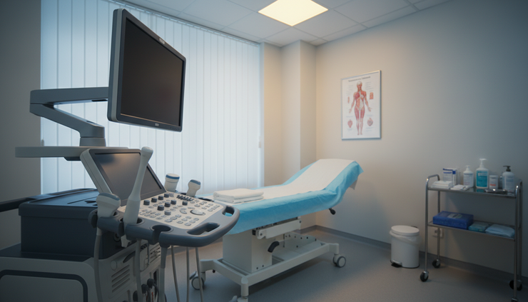 Wide-angle view of a transvaginal ultrasound machine beside an examination bed in a quiet scan room