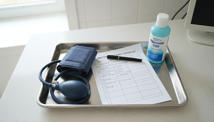 Overhead view of a maternity care checklist beside a blood pressure cuff and ultrasound gel
