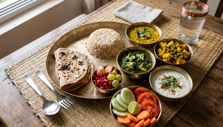 Wide-angle view of a balanced Indian meal plate with lentils, vegetables, curd, and whole grains
