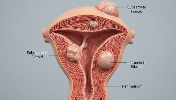 Close-up view of a uterine anatomical model showing different fibroid locations