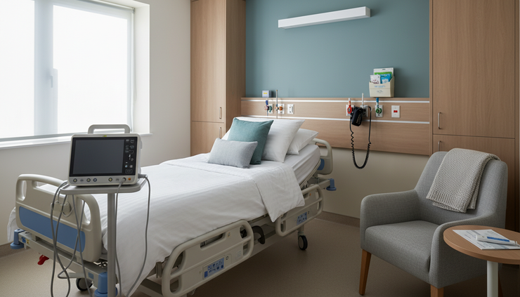Wide-angle view of a quiet maternity assessment room with a fetal monitor beside a hospital bed