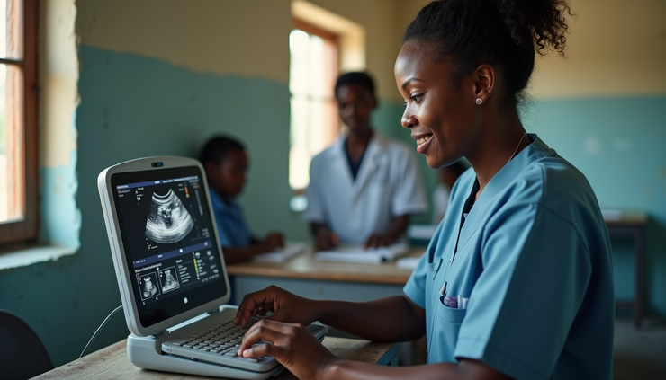 Eye-level view of a community health worker using a portable ultrasound device in a rural clinic