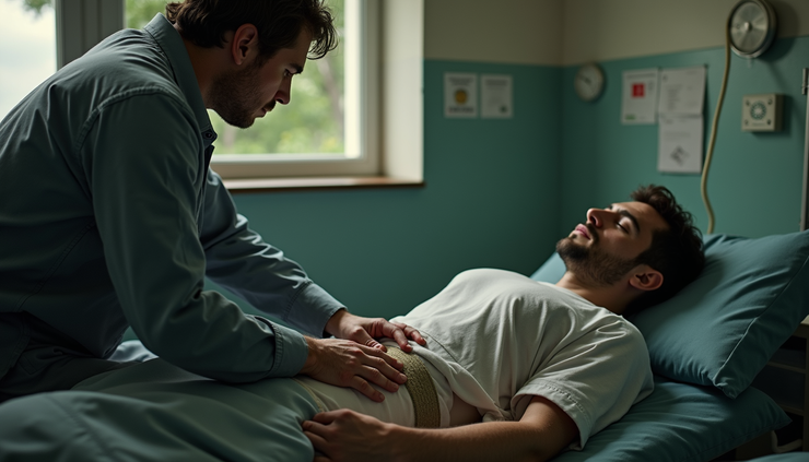 Eye-level view of a medical professional applying an abdominal tourniquet on a patient in a field hospital