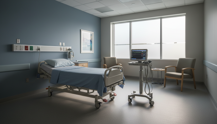 Wide-angle view of a quiet fetal monitoring area in a maternity unit