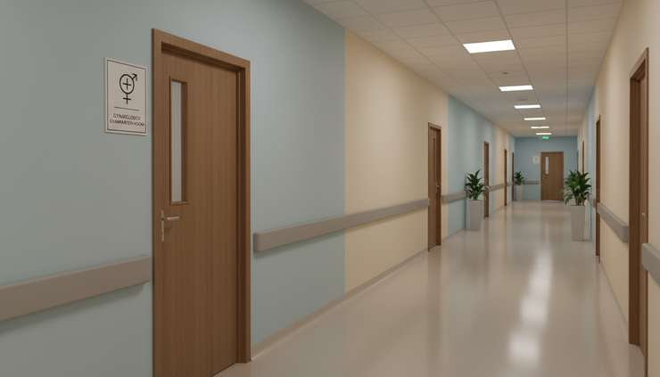 Wide-angle view of a quiet hospital corridor leading to a gynaecology examination room