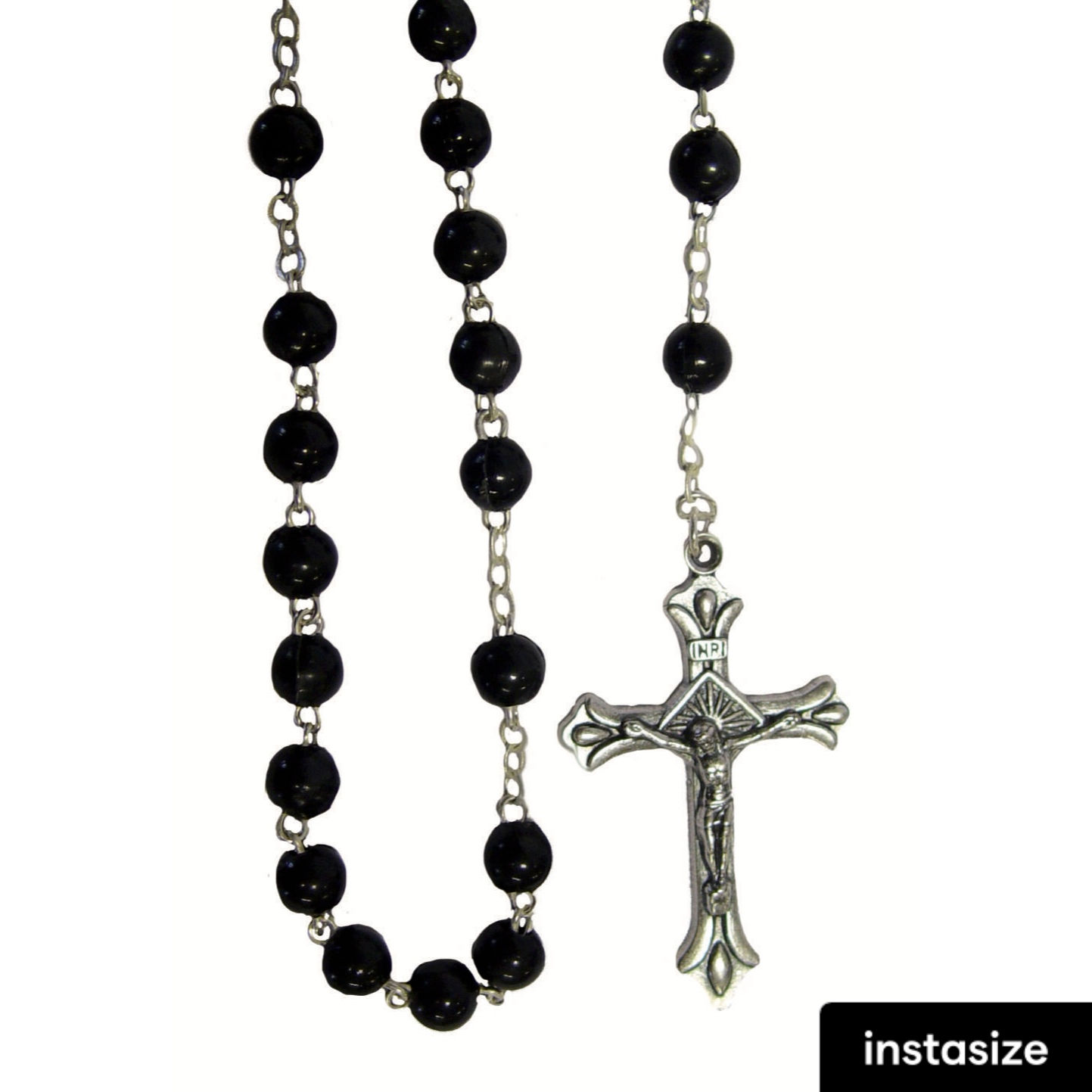 CHAPELET PERLES PLASTIQUE SUR CHAINE ARGENTÉE – NOIR