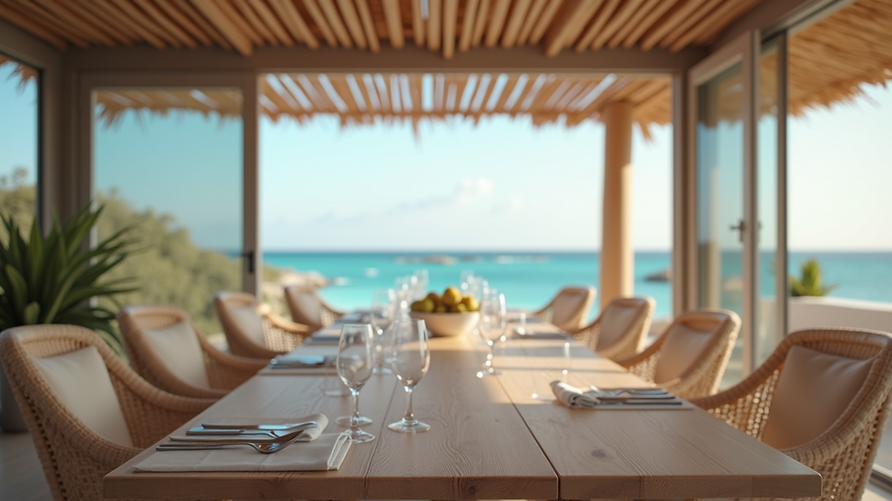 Close-up view of a coastal-themed dining area with natural wood and nautical accents