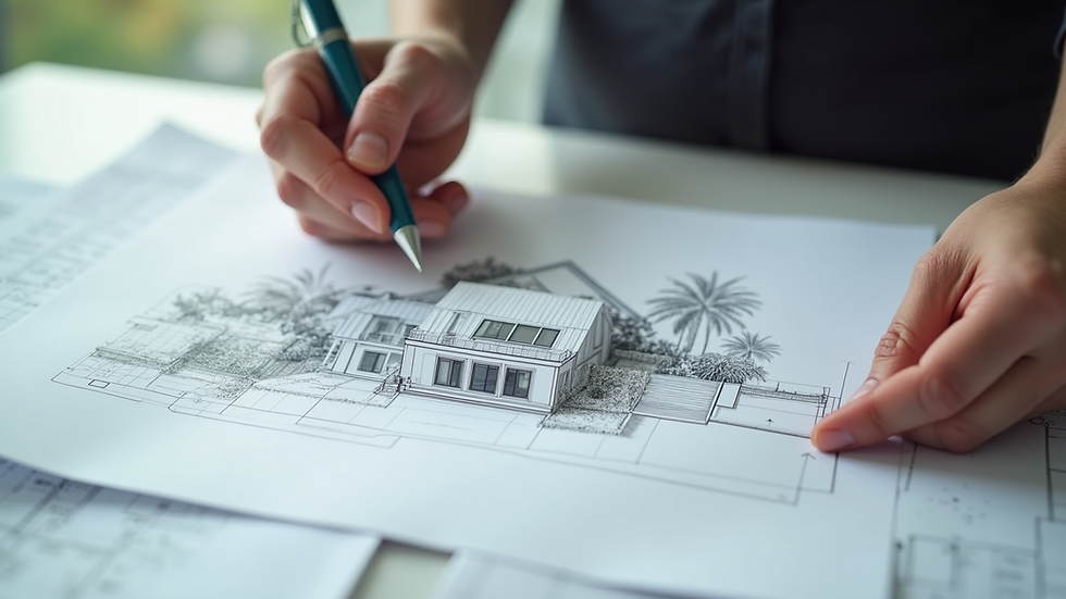 Close-up view of architect's hands reviewing 3D home design plans