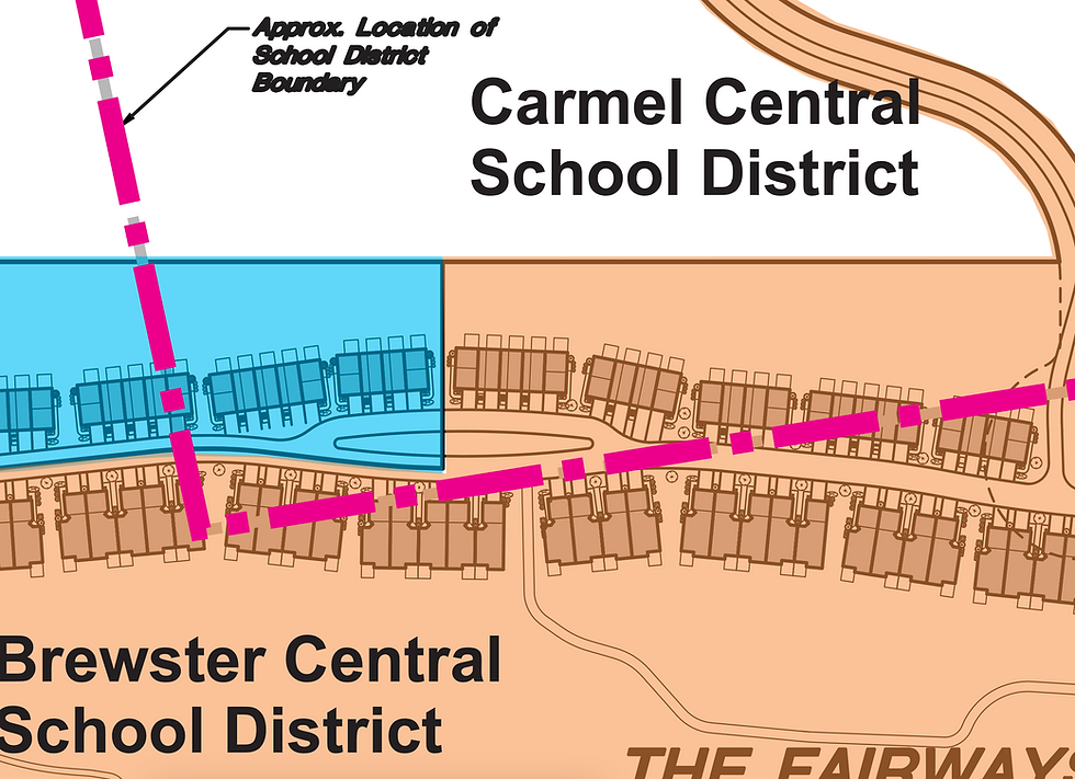 The pink line represents the boundary line between the Brewster and Carmel schools, which bisects individual housing units being developed as part of the Gateway Summit (blue) and Fairways (orange) in Carmel.