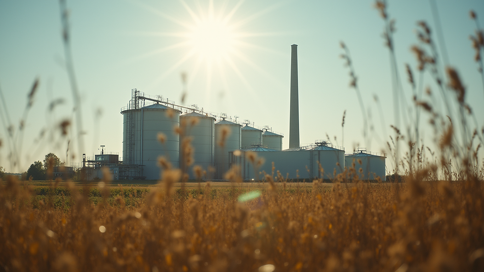 Eye-level view of a biogas plant in a rural setting