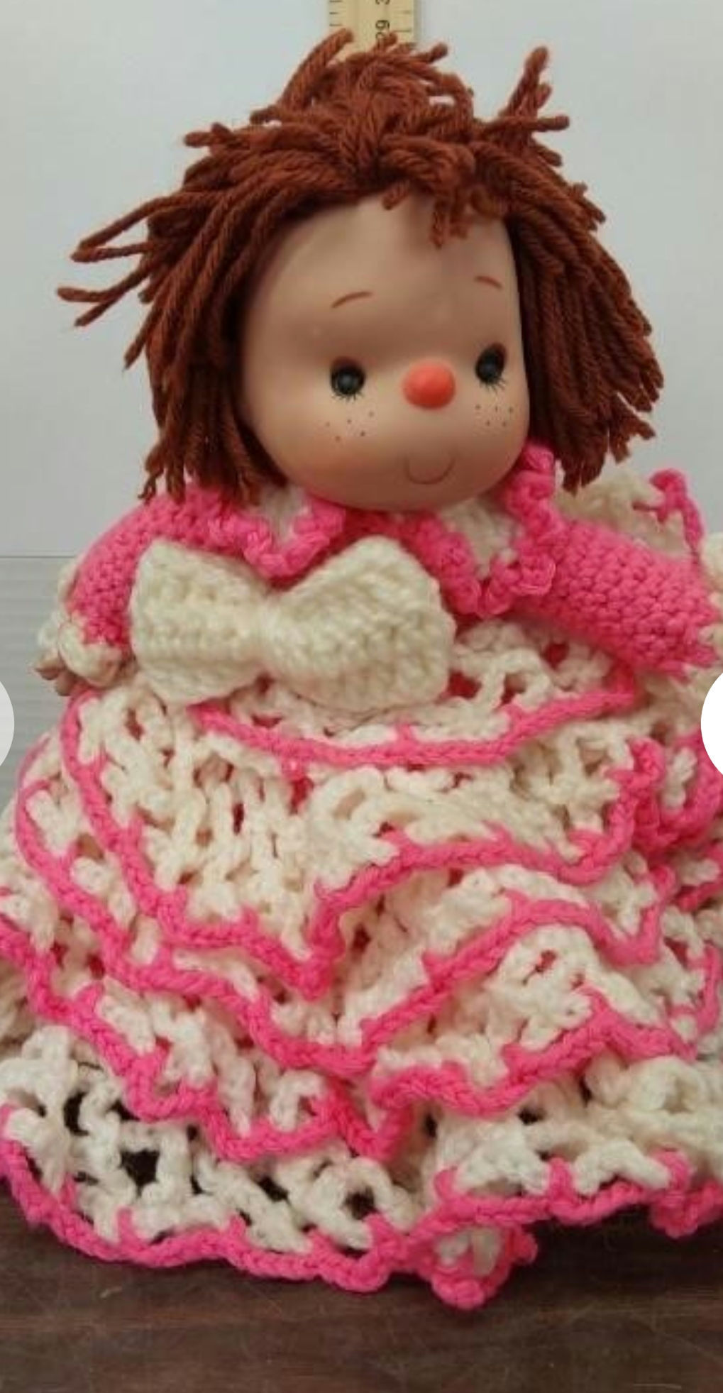 Vintage hand crochet dress yarn hair doll

w/stand. 