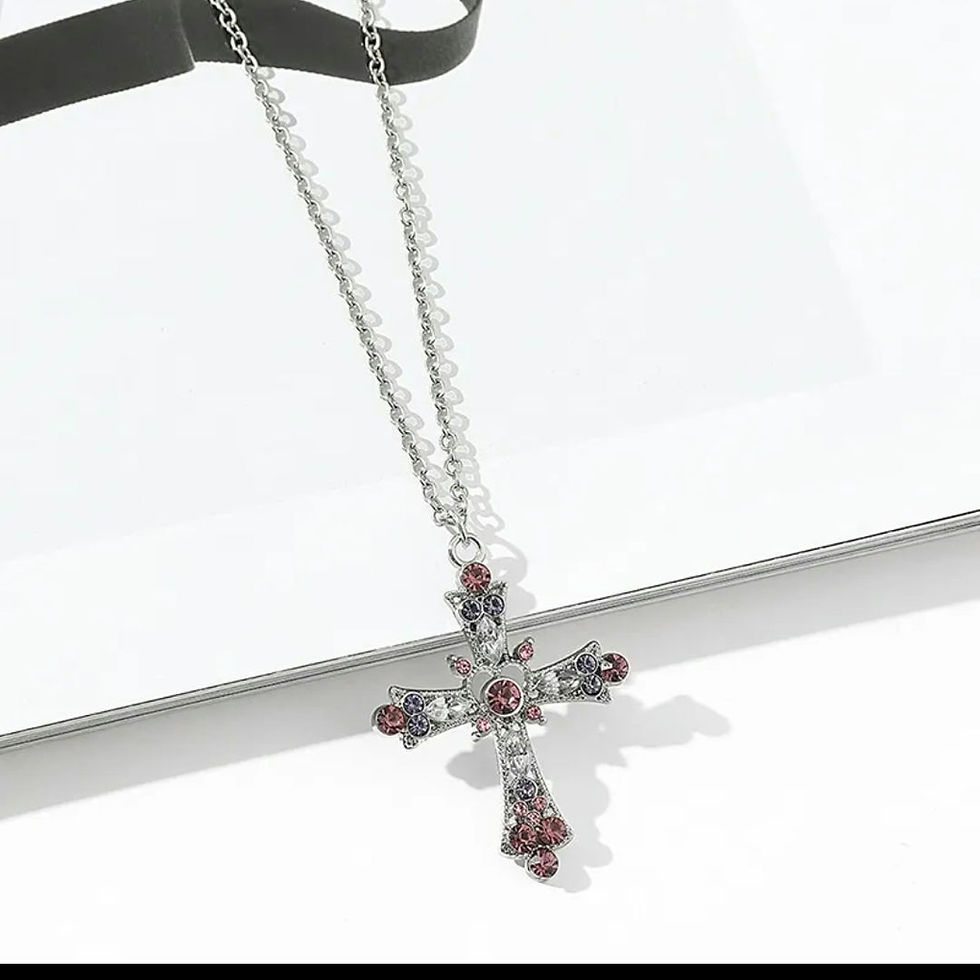 Thumbnail: Trendy pink crystal zircon Cross necklace 