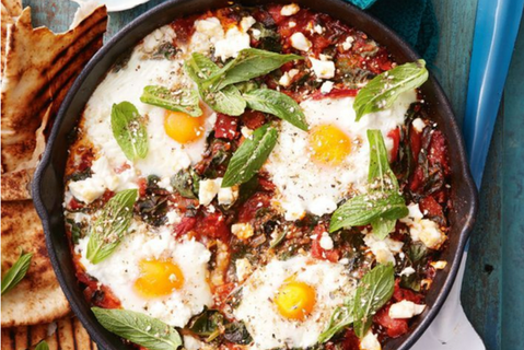 Silverbeet & dukkah baked eggs