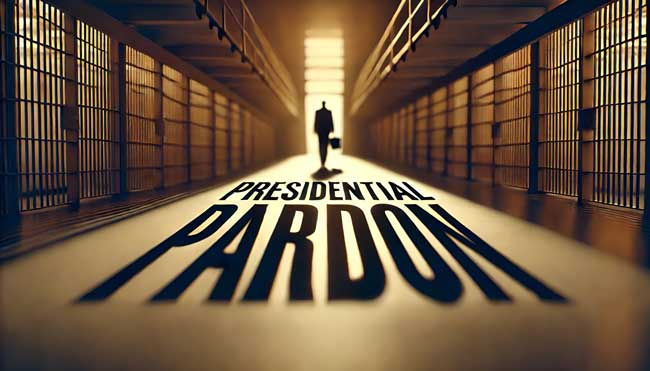 A man walks toward a door inside a prison with the words presidential pardon in his shadow.