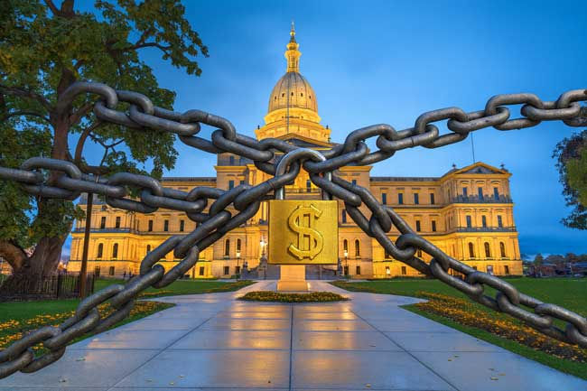 Michigan's capitol in chains and padlocked during a shutdown