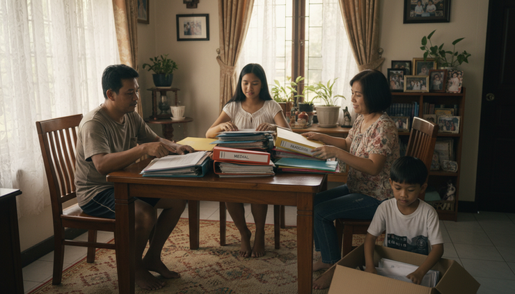 Eye-level view of a family sorting labelled folders at a dining table