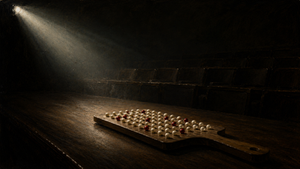 A wooden paddle holding rows of white beads with a few red ones, on a dark table in a darkened lecture theater