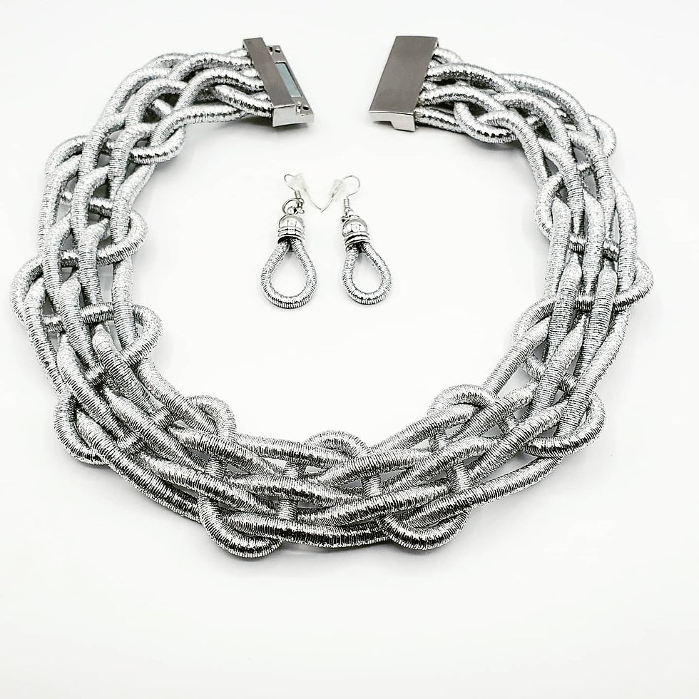 Thumbnail: Silver Interlocking Metallic Necklace Set 