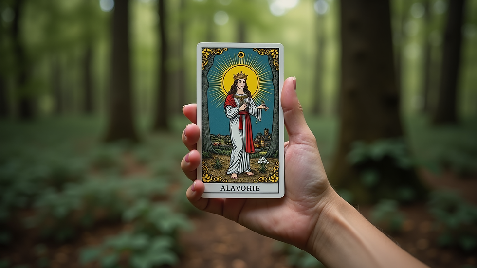 Close-up view of a person holding a tarot card with a serene forest background