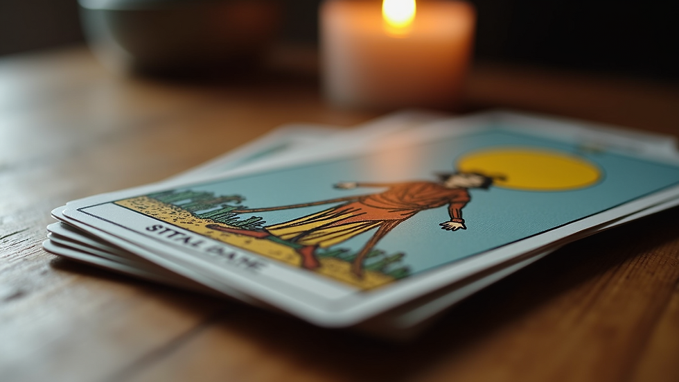 Close-up view of a tarot card deck spread on a wooden table