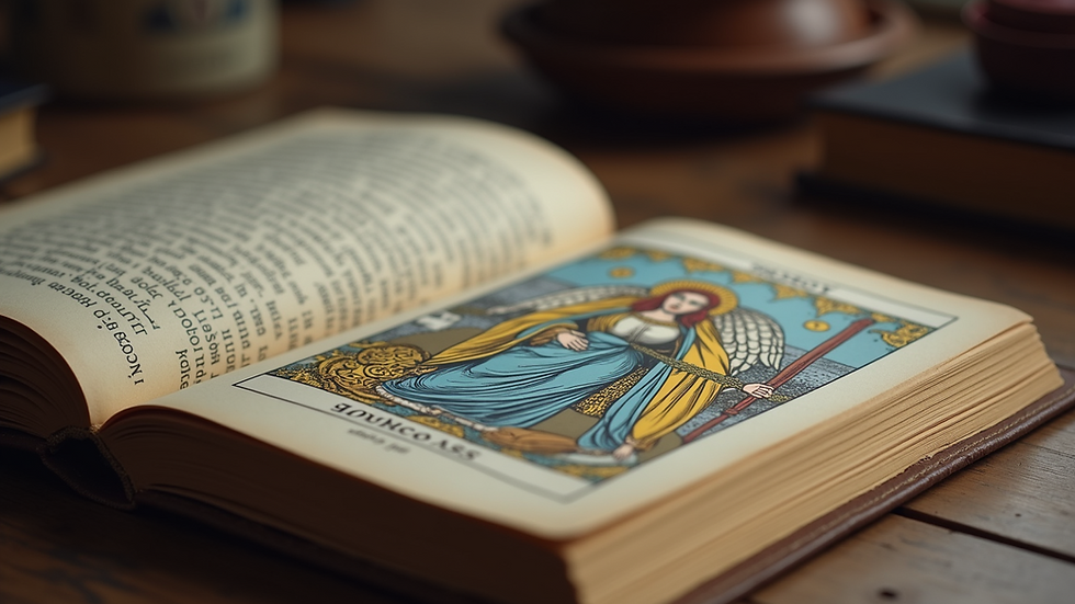 Eye-level view of an open tarot journal with notes