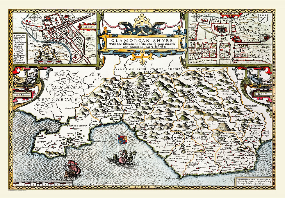 Glamorganshire, 1611, John Speed, Map, Historic