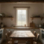 A farmhouse kitchen before dawn — a long scrubbed table, open shelves, a window looking out to the fields