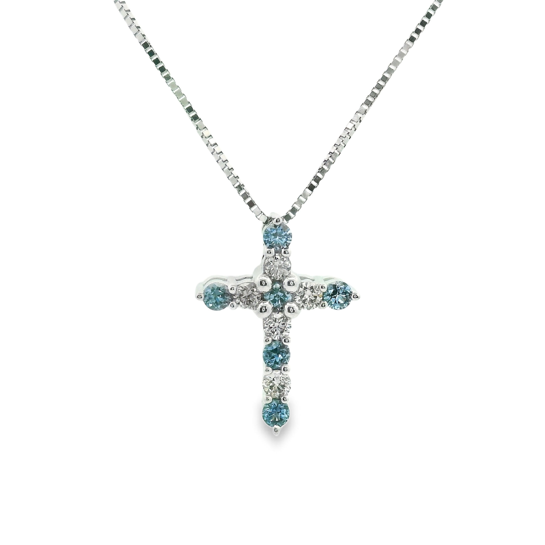 14KT WHITE GOLD YOGO SAPPHIRE AND DIAMOND CROSS PENDANT