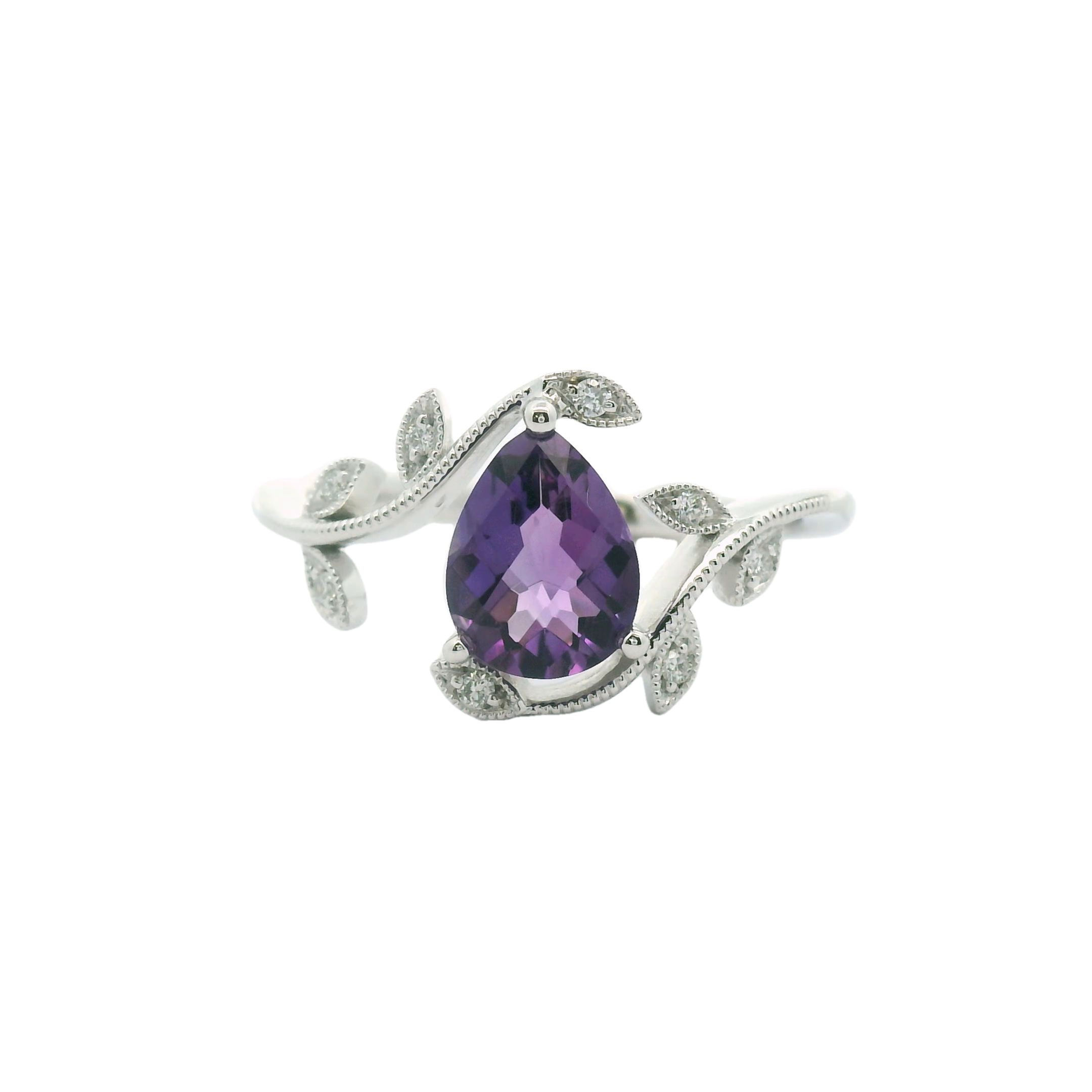 14KT WHITE GOLD AMETHYST AND DIAMOND RING