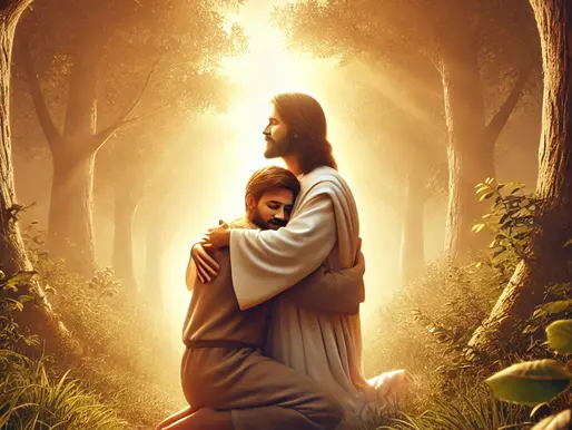 Felicidade: Jesus abraçando um homem em meio a natureza. Conforto. Esperança. acolhimento