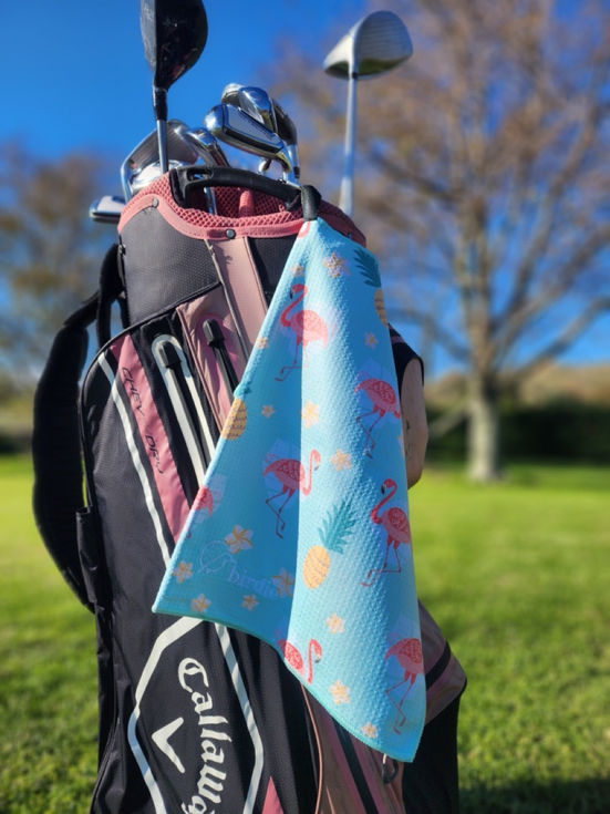 Premium Patterned Golf Towels - blue flamingo