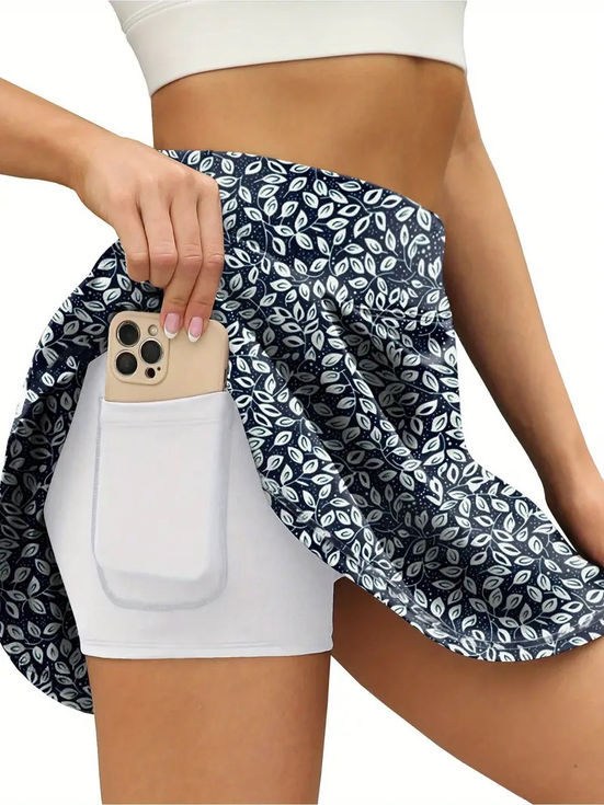 Navy and white leaf print golf skort