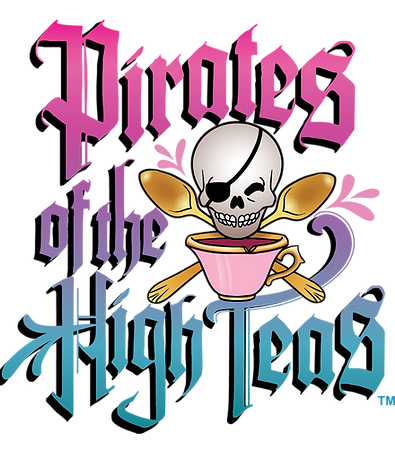 Pirates of the High Teas TM (logo), with a skull over a teacup and two crossed spoons
