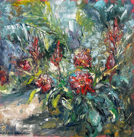 red flowers and tropical plants landscape impressionist painting